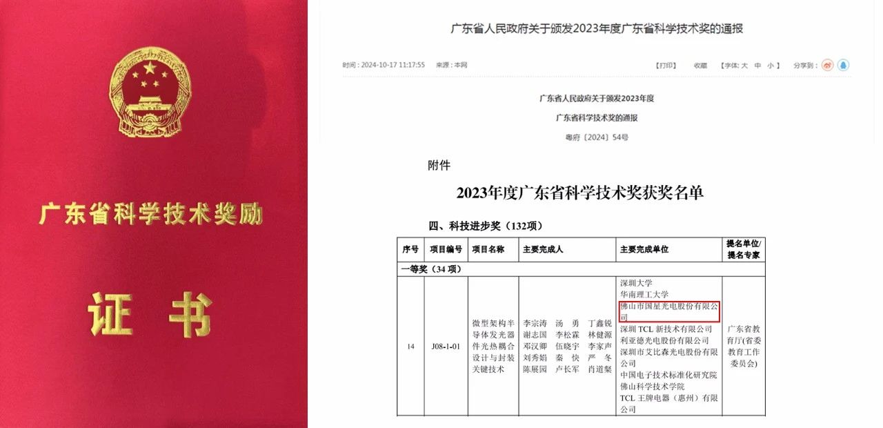 【南宫NG娱乐荣耀】南宫NG娱乐光电荣获“2023年度广东省科技前进奖一等奖”